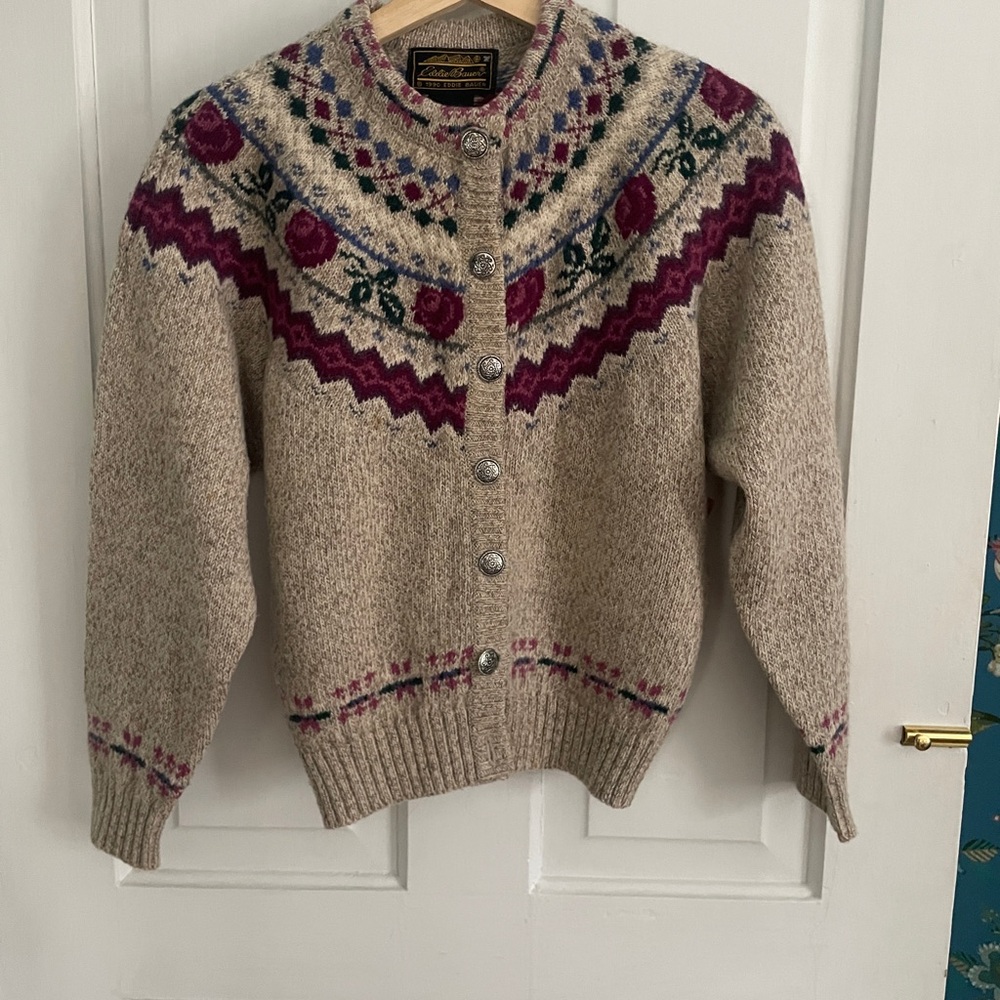 Eddie Bauer Beige and Purple Knit Cardigan
